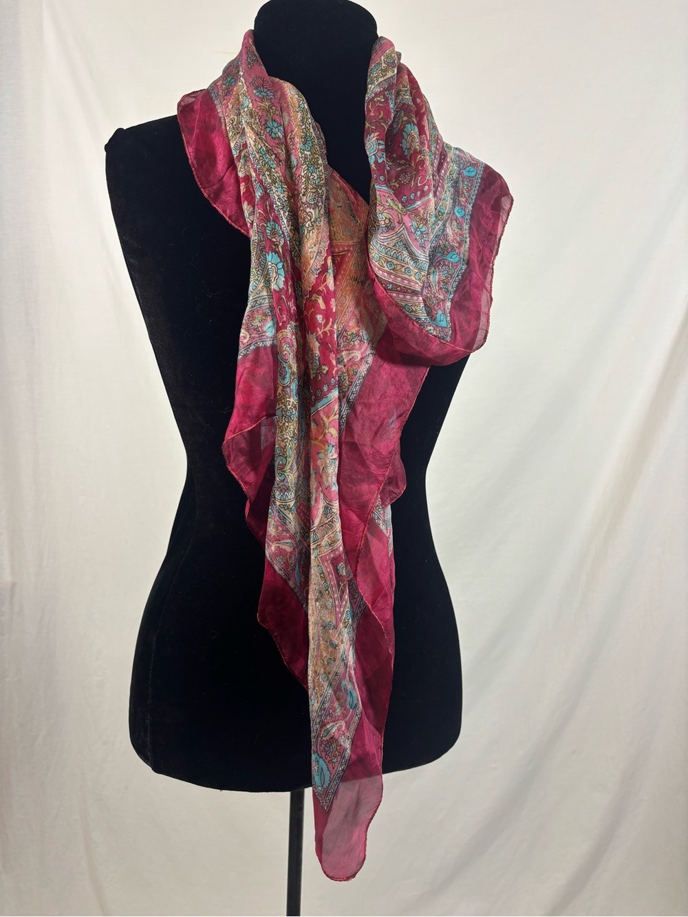 Janie Besner 100% Silk Scarf Paisley Floral Square Boho Whimsigoth Deep Rose